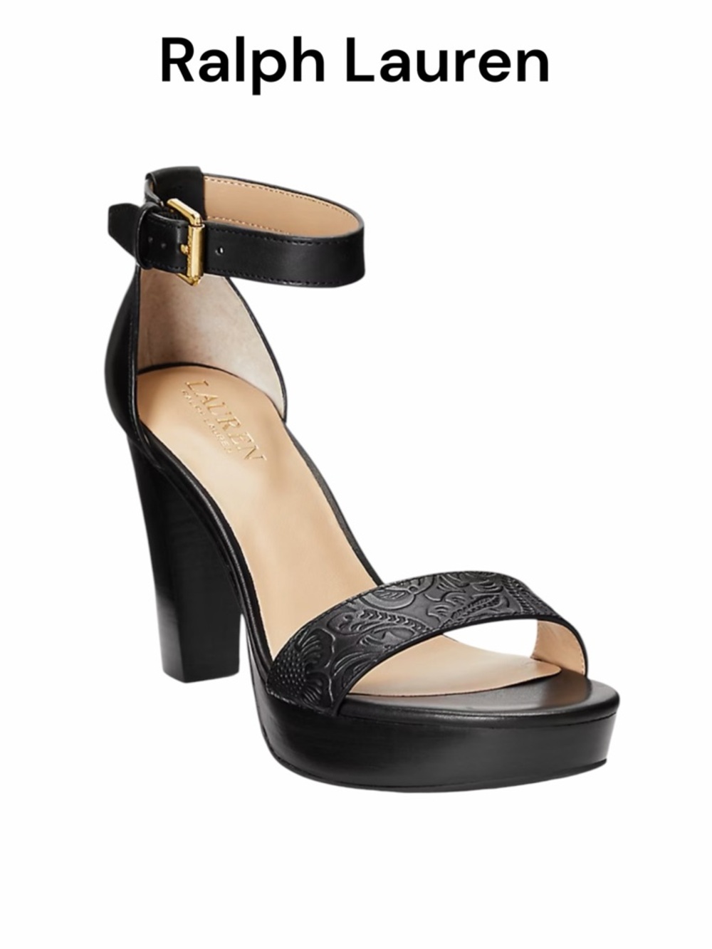 Ralph Lauren Sylvia Burnished Leather Heeled Sandal Black Platform New